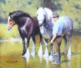 Tony Sheath, Horses watering, late 20th/early 21st century oil on canvas-board
