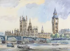 Charles Brooker, Palace at Westminster with the Thames and Westminster Bridge, 1971, watercolour