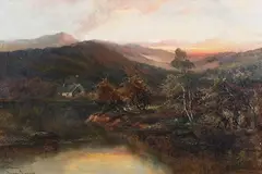 Henry Cooper, Landscape with River, Cottage and Distant Mountains, oil on canvas