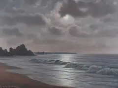 Moonlit Coastal Landscape by Roger de la Corbière, oil on canvas, sold Nov 2023