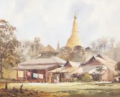 Tin Aye, Landscape with Temple, Burma (Myanmar), watercolour