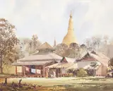 Tin Aye, Landscape with Temple, Burma (Myanmar), watercolour