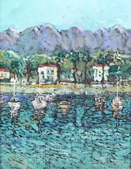 Ranganath Carnahan, Coastal View with Sailing Vessels and distant Mountains, 1982, acrylic on board