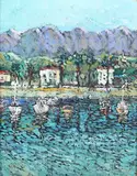 Ranganath Carnahan, Coastal View with Sailing Vessels and distant Mountains, 1982, acrylic on board
