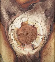Aileen Lipkin, African Core, mixed media with oil and sand on board