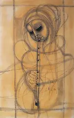 Ben Macala, Figure playing a Flute, charcoal with watercolour