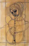 Ben Macala, Figure playing a Flute, charcoal with watercolour