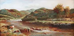 George Nicholls, Collie Dog and Children on a Riverbank, oil on canvas