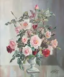 Roses in White Vase by Anatoli Nikolaevich Nikolsky, 1965, oil on canvas, sold Nov 2023