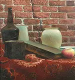 Israel Zohar, Stil Life with Bottle, Ceramics, Book and Apple, oil on canvas