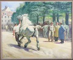 C. Brau, Horse Market Scene, oil on canvas laid onto board