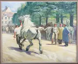 C. Brau, Horse Market Scene, oil on canvas laid onto board