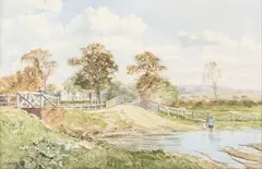 Charles Harmony Harrison, Landscape with River, Bridge and Church, 1898, watercolour