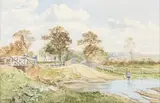 Charles Harmony Harrison, Landscape with River, Bridge and Church, 1898, watercolour