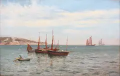 William Joseph King, Coastal Scene with Sailing Vessels, oil on canvas