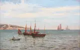 William Joseph King, Coastal Scene with Sailing Vessels, oil on canvas