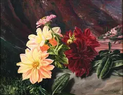 Still Life of Flowers in a Landscape by Leonard Daniel Philpot, 1929, oil on canvas, sold Nov 2023