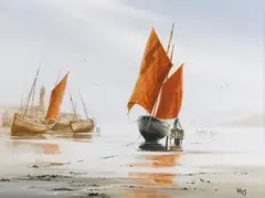 David Willis, Barges in St Ives Harbour, Cornwall, oil on canvas
