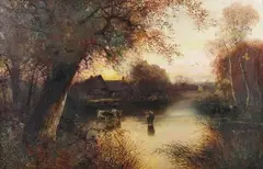 H. Williams, River Landscape with Cattle Watering, oil on canvas
