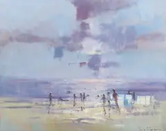 Tina Morgan, Two Windbreaks' (Beach Scene with Figures), late 20th/early 21st century oil on canvas