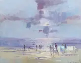Tina Morgan, Two Windbreaks' (Beach Scene with Figures), late 20th/early 21st century oil on canvas