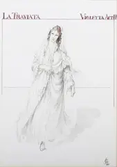 John Gunter, La Traviata, Violetta Act III' (Glyndebourne Costume Design), watercolour over pencil