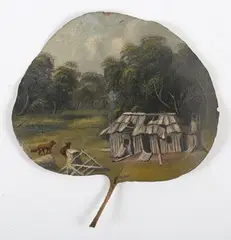 Alfred William Eustace, Australian Landscape with Settlers Hut, Gumtrees and Dogs, oil on gumtree leaf