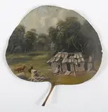 Alfred William Eustace, Australian Landscape with Settlers Hut, Gumtrees and Dogs, oil on gumtree leaf