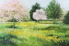 Maureen Jordan, Meadow in the Spring with Blossom and Flowers, late 20th/early 21st century acrylic with pastel