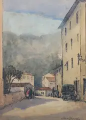George Henry Downing, Continental Street Scene, watercolour with ink