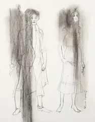 Ralph Koltai, Mr Michael Pennington, Miss Carole Royle, Hamlet and Ophelia, Royal Shakespeare Company, 1980, charcoal