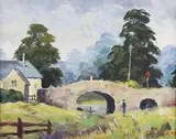 Frederick Charles Johnston, Landscape with River, Bridge and Figures, 1978, oil on canvas