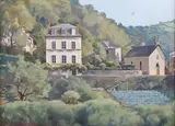 Gordon Lionel Davies, Across the River, Estaing, oil on canvas board