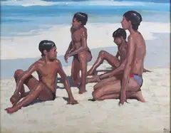Pablo Matania, Four Boys on a Sandy Beach, oil on canvas