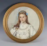 Charlotte M. Alston, Tondo Half Length Portrait of a Young Lady wearing a White Dress and Blue Hair Ribbon, 1908, watercolour