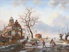 D. Larson, Northern European Winter Landscape with Ice Skaters, oil on board