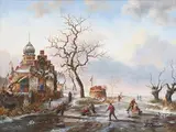 D. Larson, Northern European Winter Landscape with Ice Skaters, oil on board