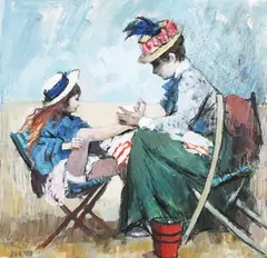 Tom Durkin, Lady and Child on a Beach in Edwardian Costume, acrylic with pastel on board