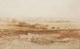 Anthony Van Dyke Copley Fielding, Downland Landscape with Figure and Cattle on a Road, 1838, watercolour