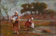 Alexandre Leo, Les Lavandières, oil on board