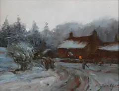 John Foulger, Eskdale Farm in Winter, 1986, oil on board
