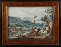 Conrad Wießner, Continental Landscape with River, Figures and Cattle, watercolour on laid paper