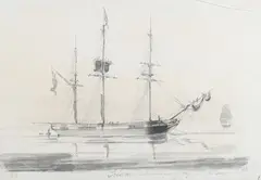 Henry Wise Harvey, The Irlam West Indiaman in Carlisle Bay, 1814, 1814, monochrome watercolour with wash