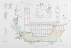 David West, Sketch for Westminster Barge, pen with ink and watercolour