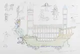 David West, Sketch for Westminster Barge, pen with ink and watercolour