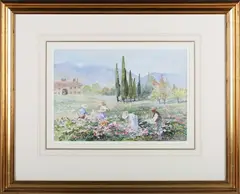 Mary Stevens, Continental Landscape with Figures picking Flowers, watercolour with gouache