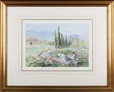 Mary Stevens, Continental Landscape with Figures picking Flowers, watercolour with gouache