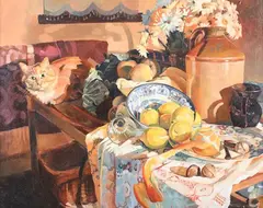 Wendy Stevenson, Max with Lemons and Peeled Orange, oil on board