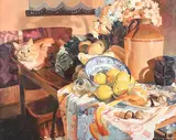 Wendy Stevenson, Max with Lemons and Peeled Orange, oil on board