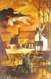 Ernest Greenwood, Landscape with Farm Buildings and a Hillside beyond with Chalk Horse, 1969, oil with mixed media on board